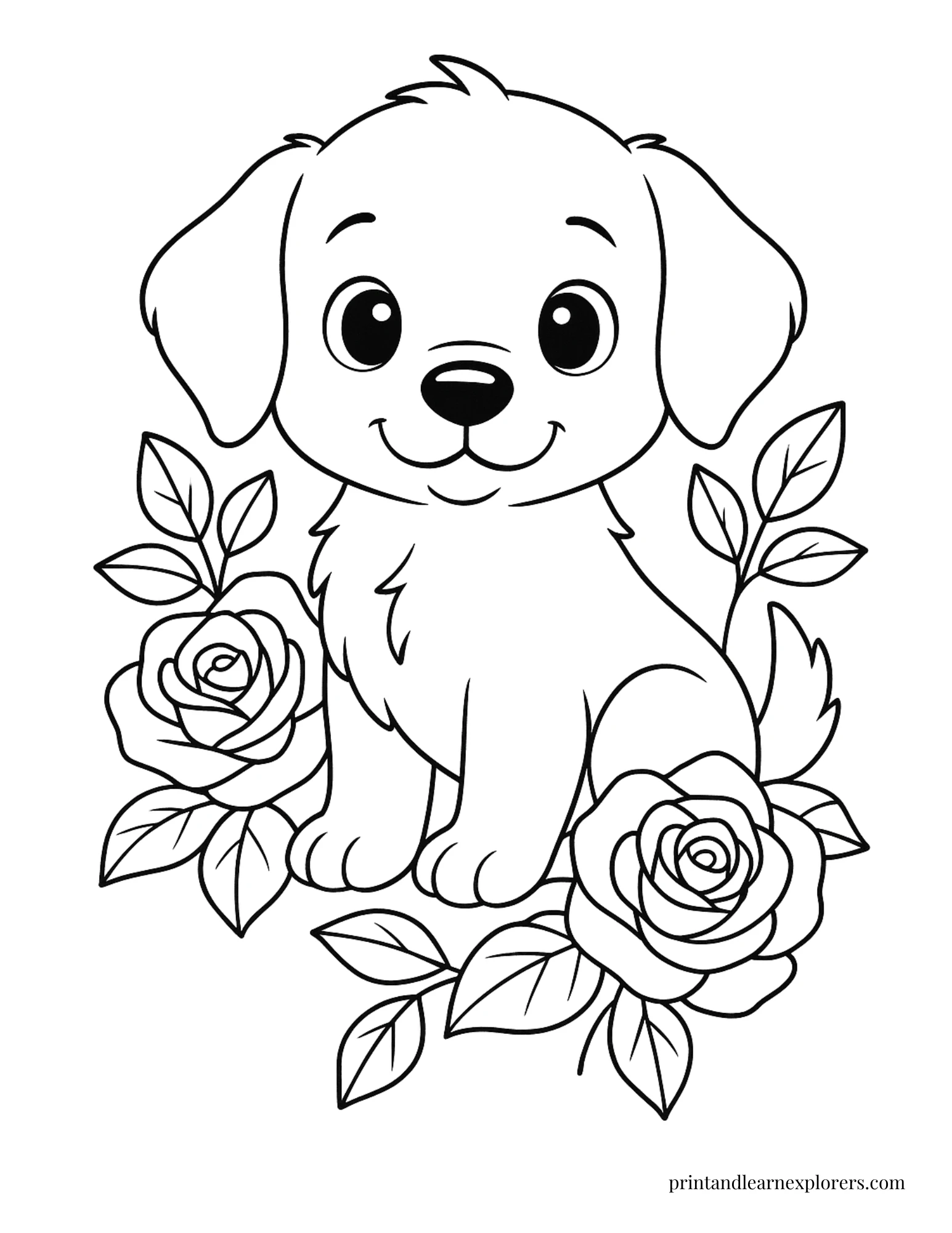 Cute Rose Coloring Pages with puppy