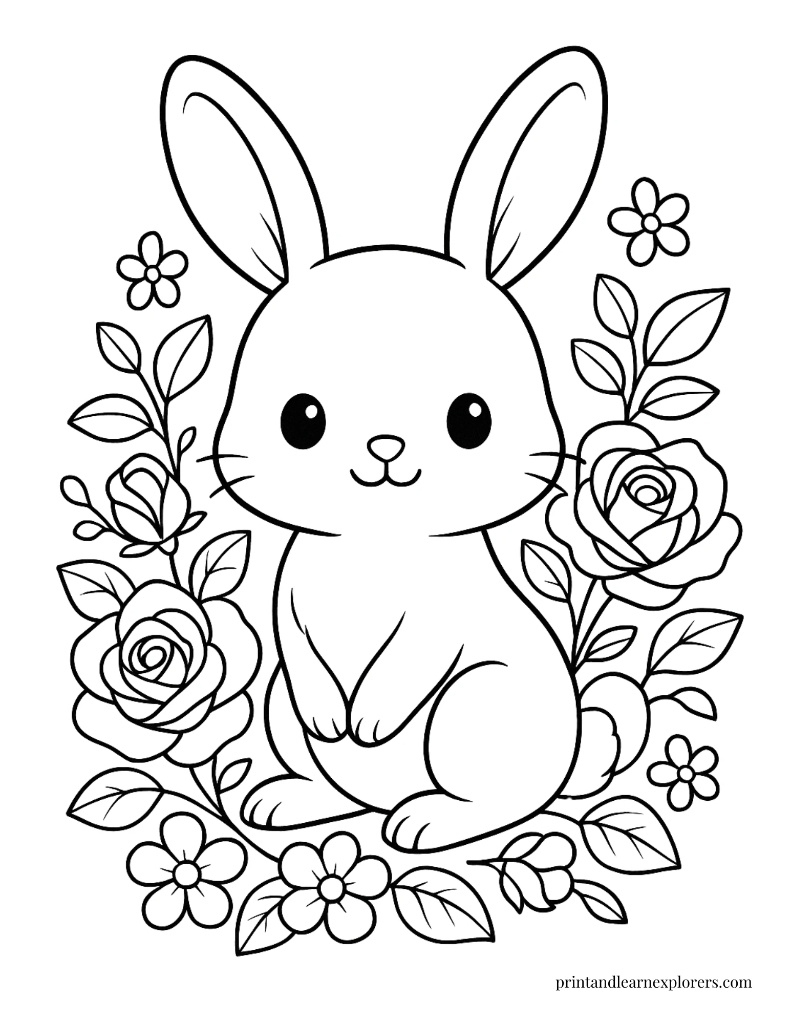 Cute Rose Coloring Pages with sitting rabbit