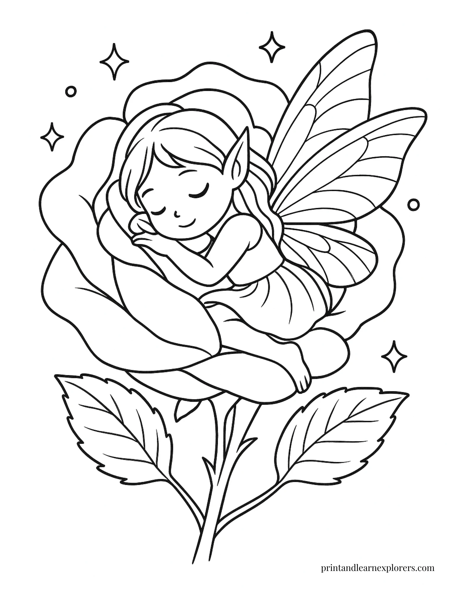 Cute rose coloring page fairy sleeping