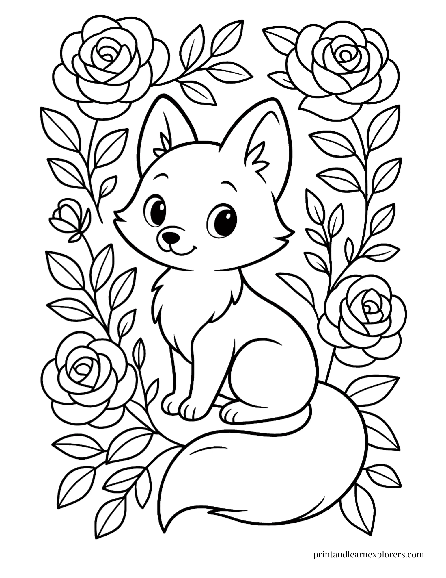 Cute rose coloring pages with fox