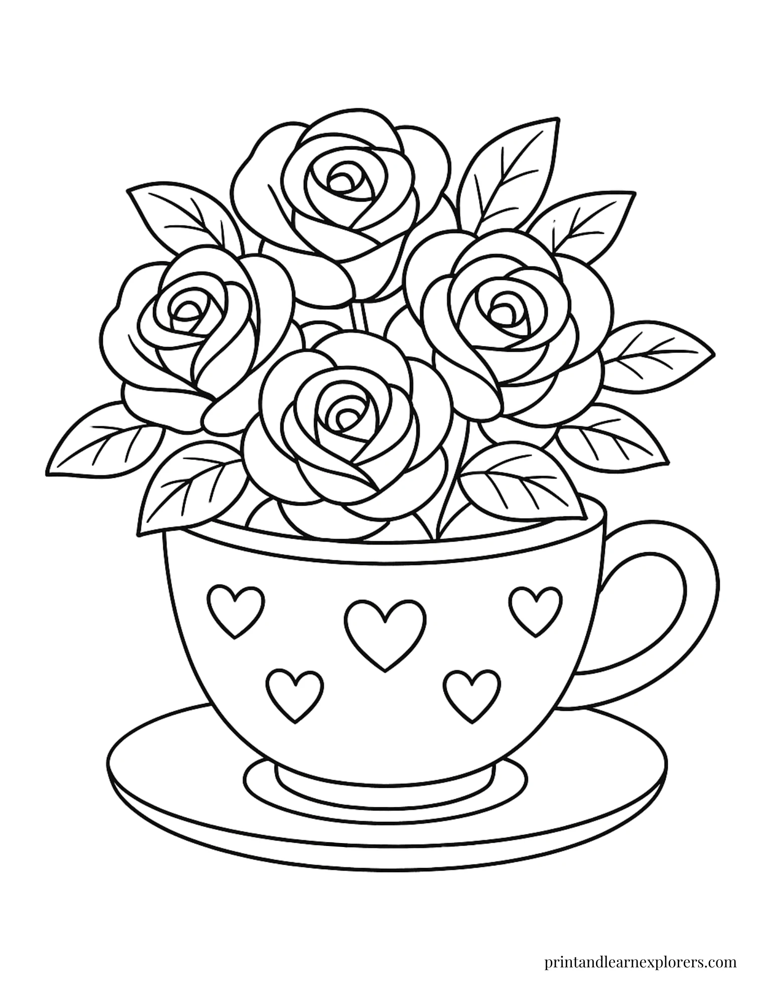 Cute roses in a teacup coloring page