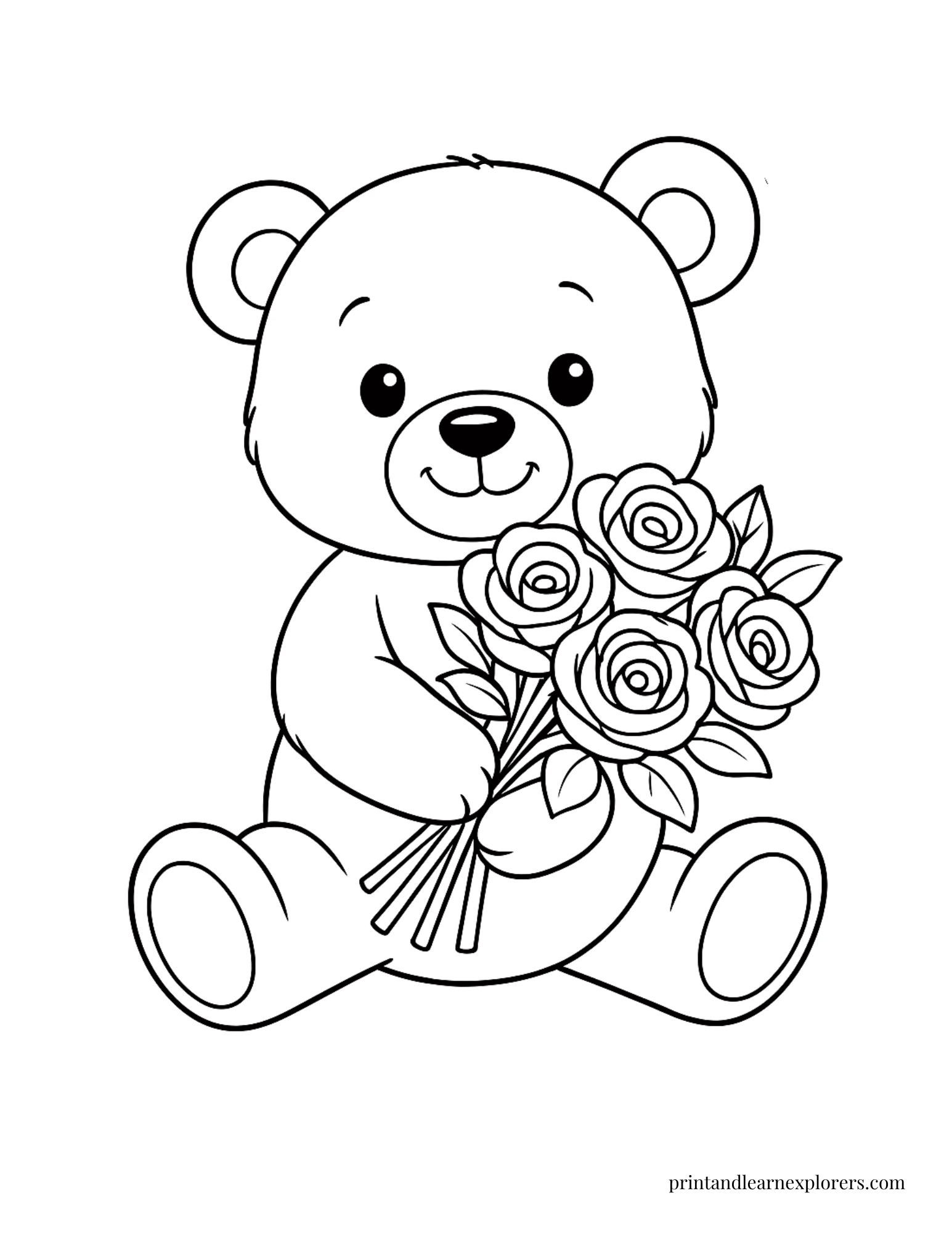 Cute teddy bear holding roses coloring page