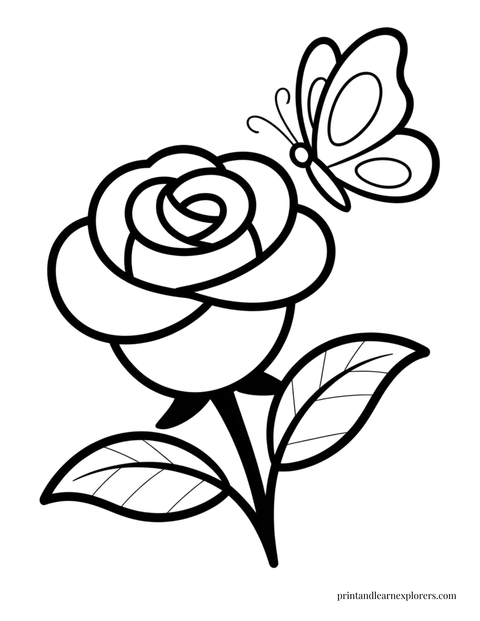 Easy rose with butterfly coloring page