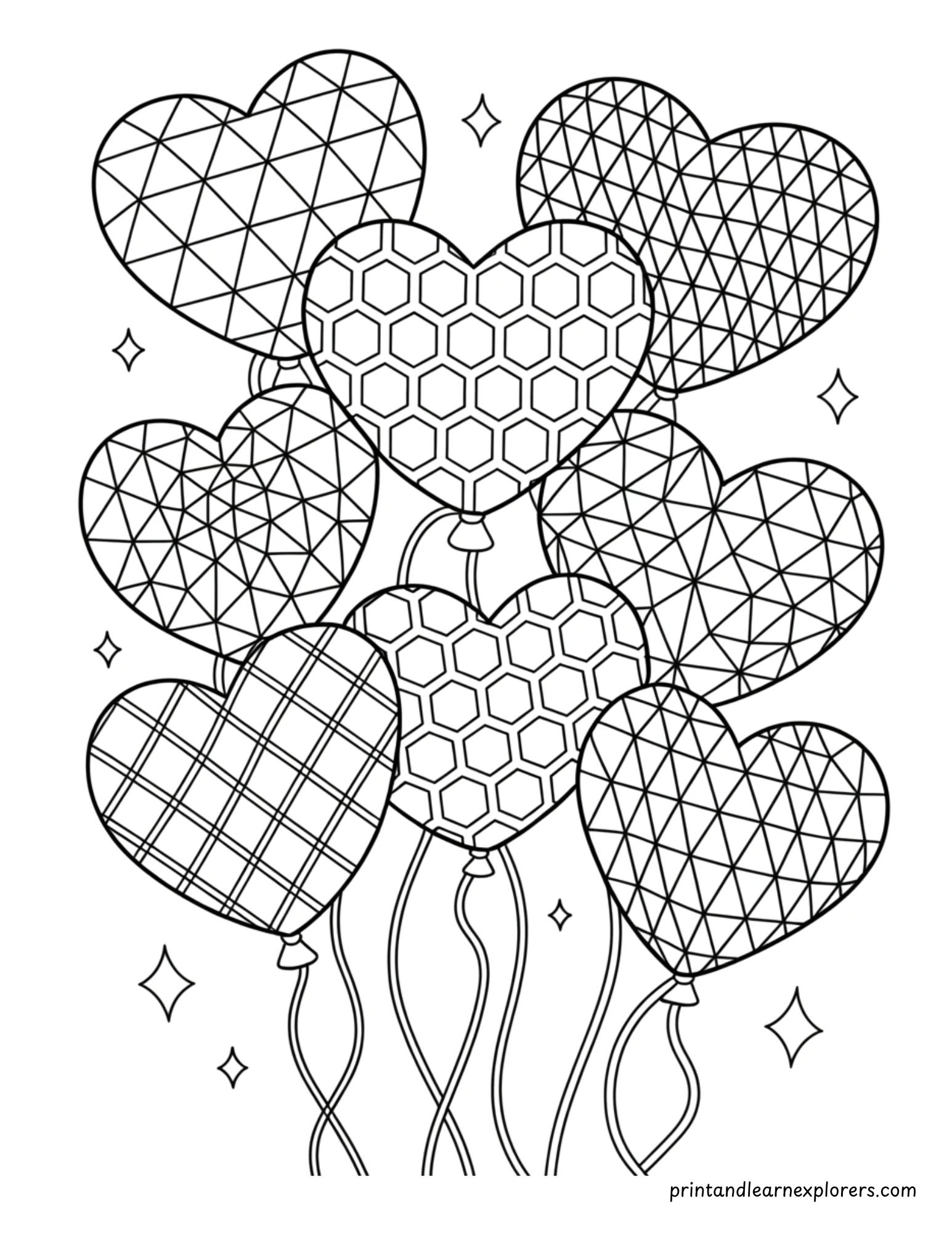 Geometric Valentine Day Coloring Balloons