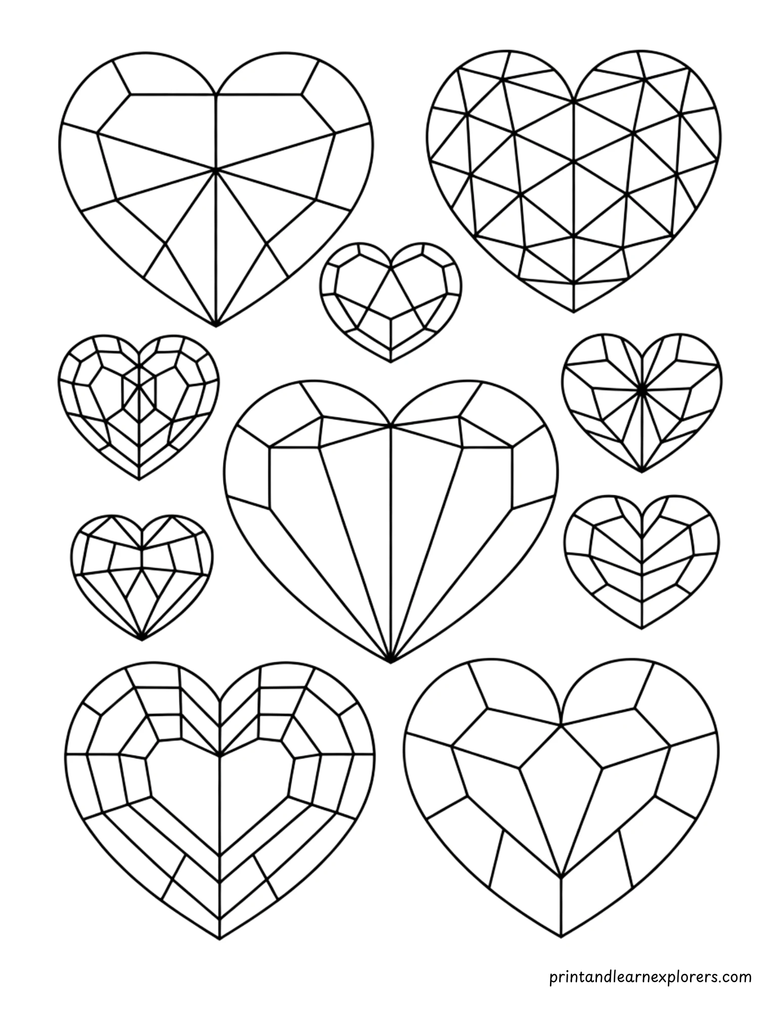Geometric Valentine Day Coloring Hearts