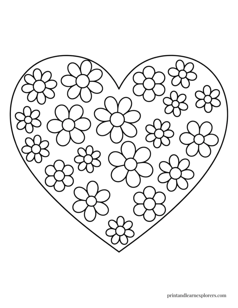 Heart Shape Coloring Page with flowers 