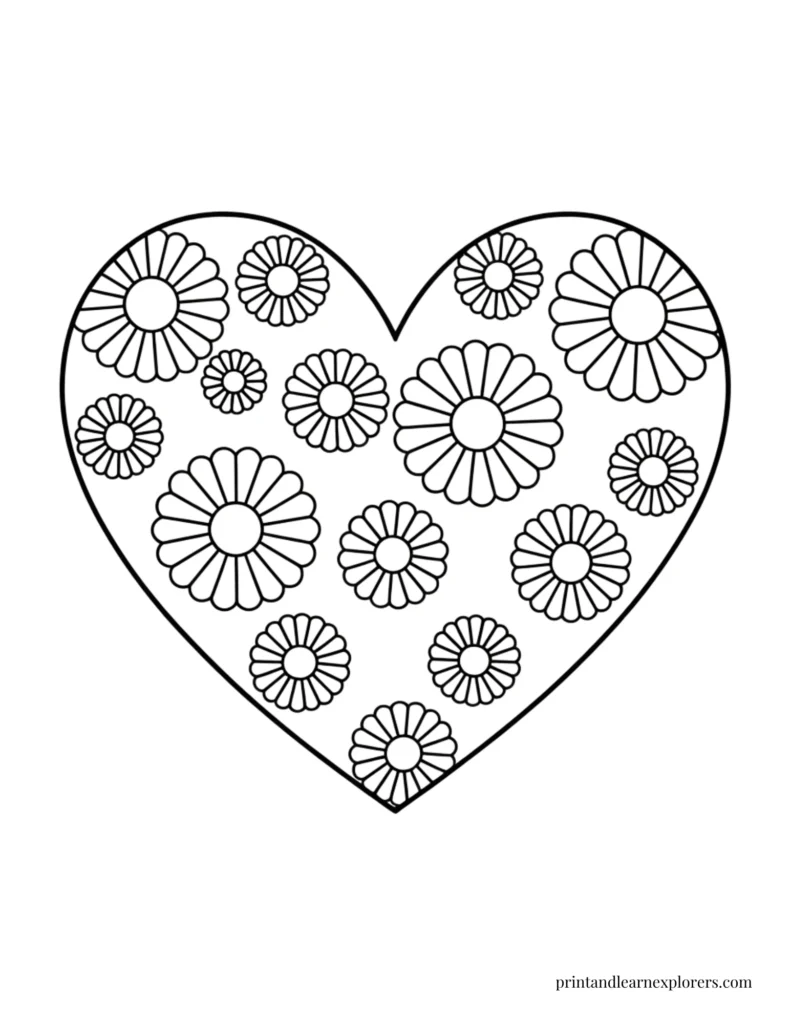 Heart Shape Coloring Pages with flowers