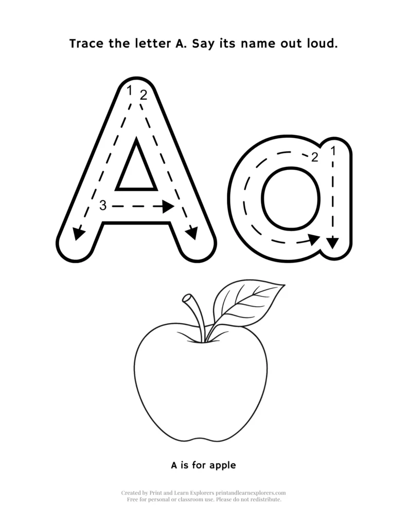 Trace the letter A and color the apple worksheet