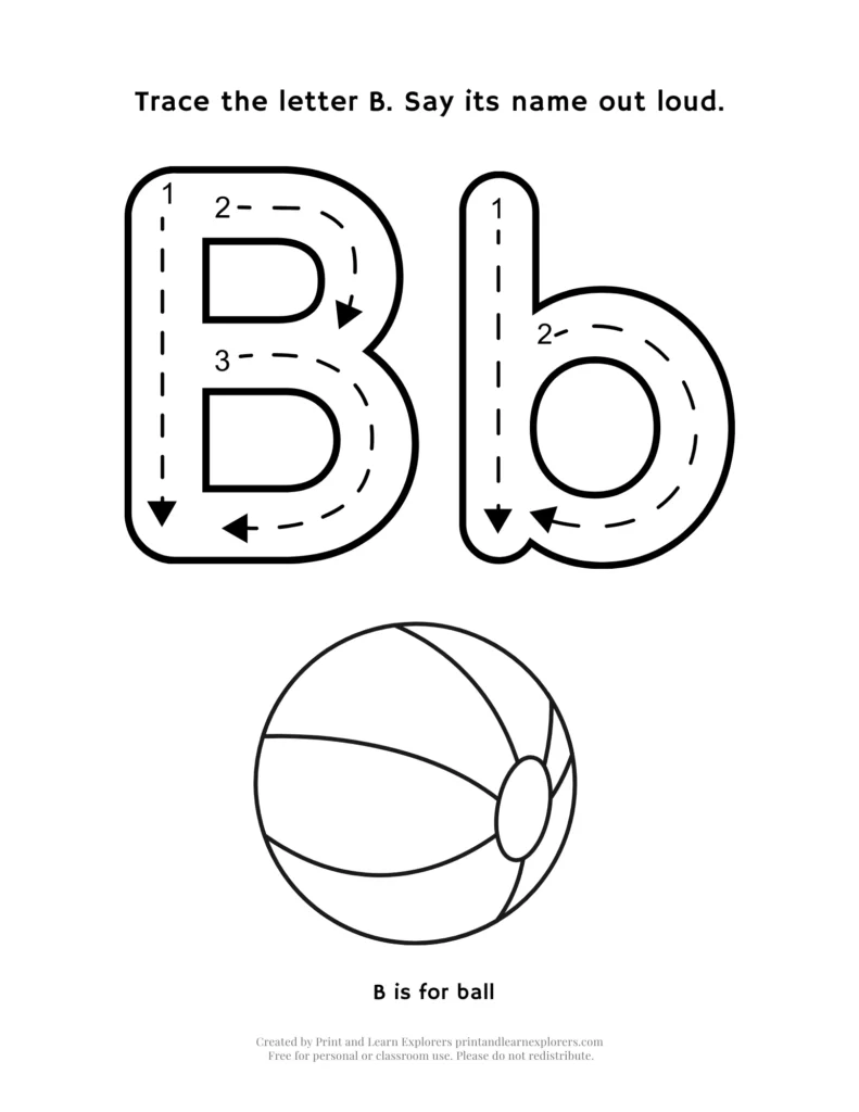 Trace the letter B, with ball image to color worksheet