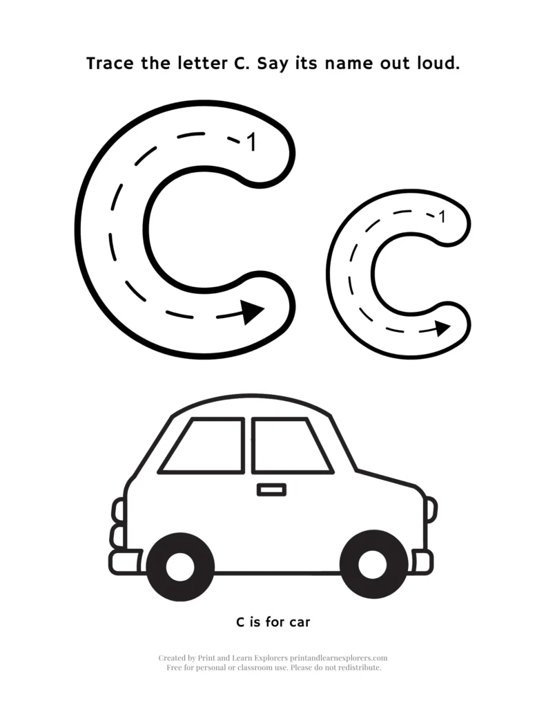 Trace the letter C, with car image to color worksheet