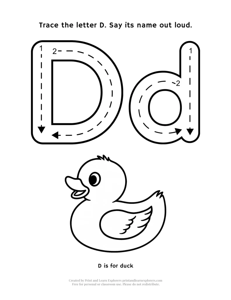 Trace the letter D, with duck image to color worksheet
