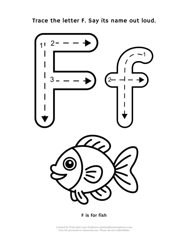 Trace the letter F, with fish image to color worksheet
