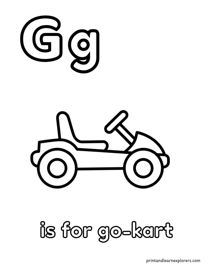 Letter G is for go kart coloring page
