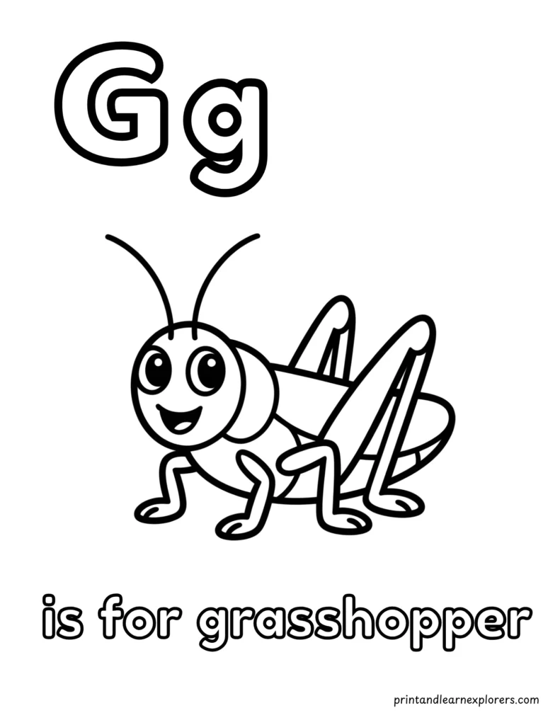 Letter G is for grasshopper coloring page