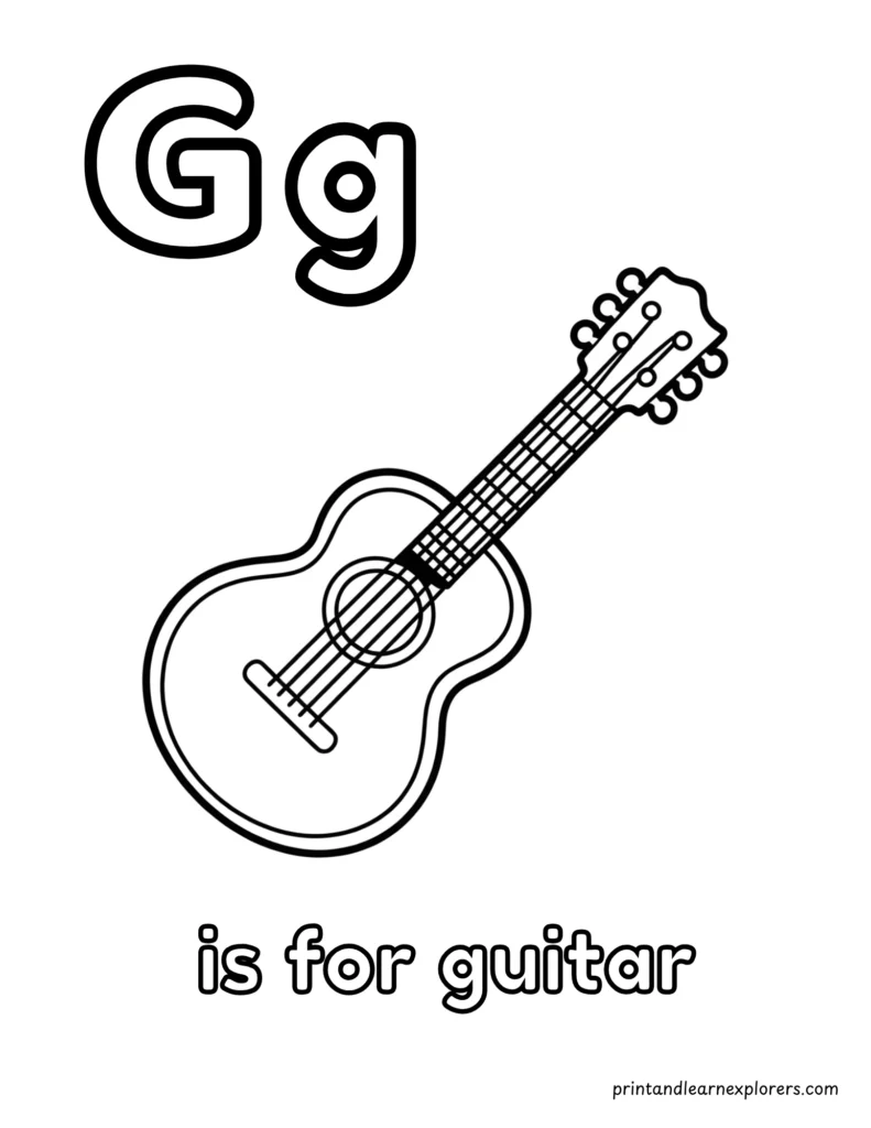 Letter G is for guitar coloring page