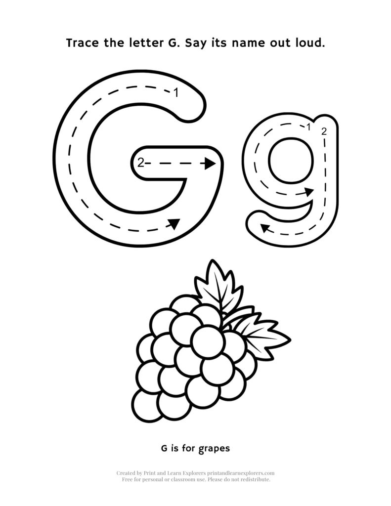 Trace the letter G, with grapes image to color worksheet