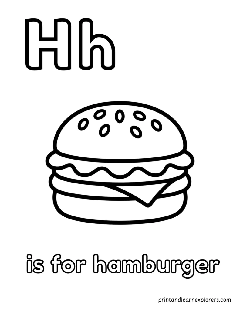 Letter H is for hamburger coloring page