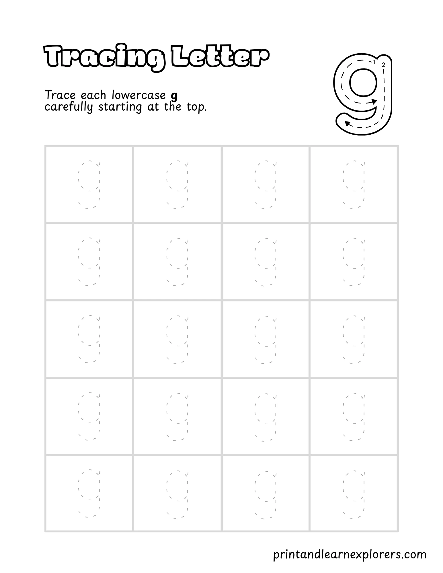 Letter G Lowercase Tracing Worksheet