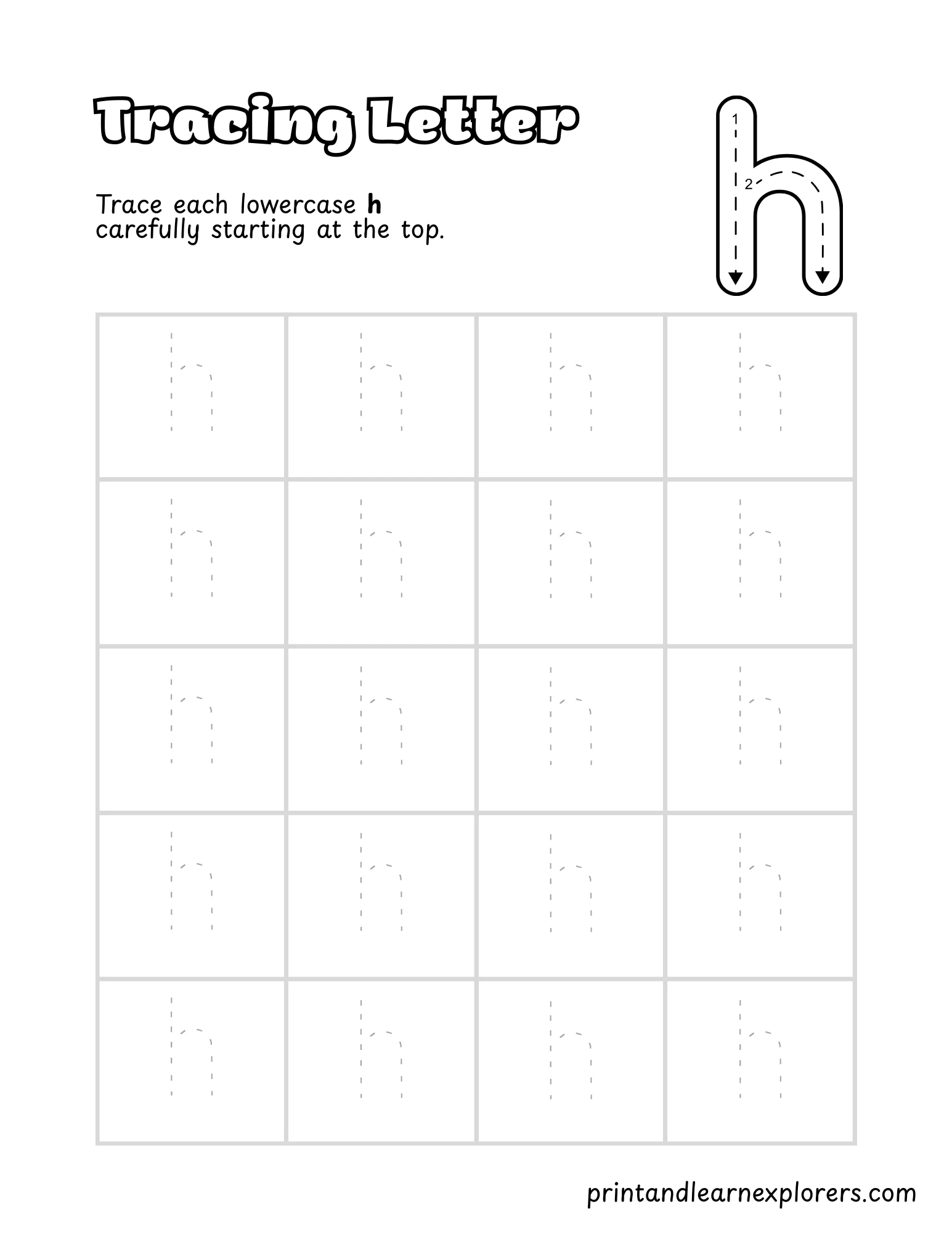 Letter H Lowercase Tracing Worksheet