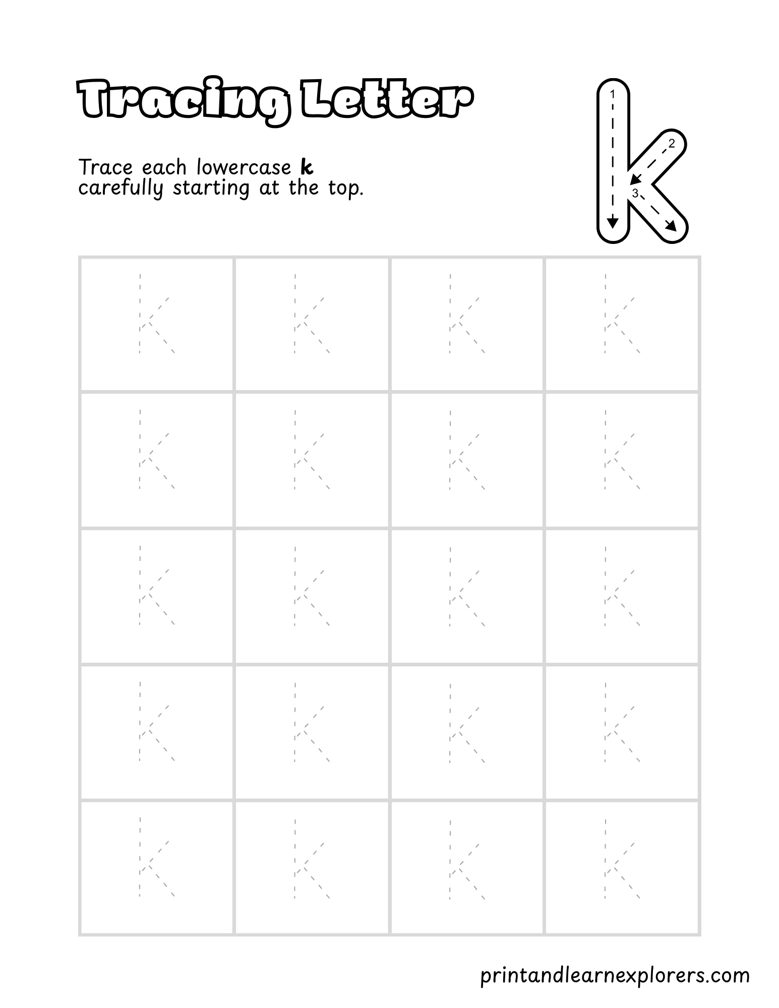 Letter K Lowercase Tracing Worksheet