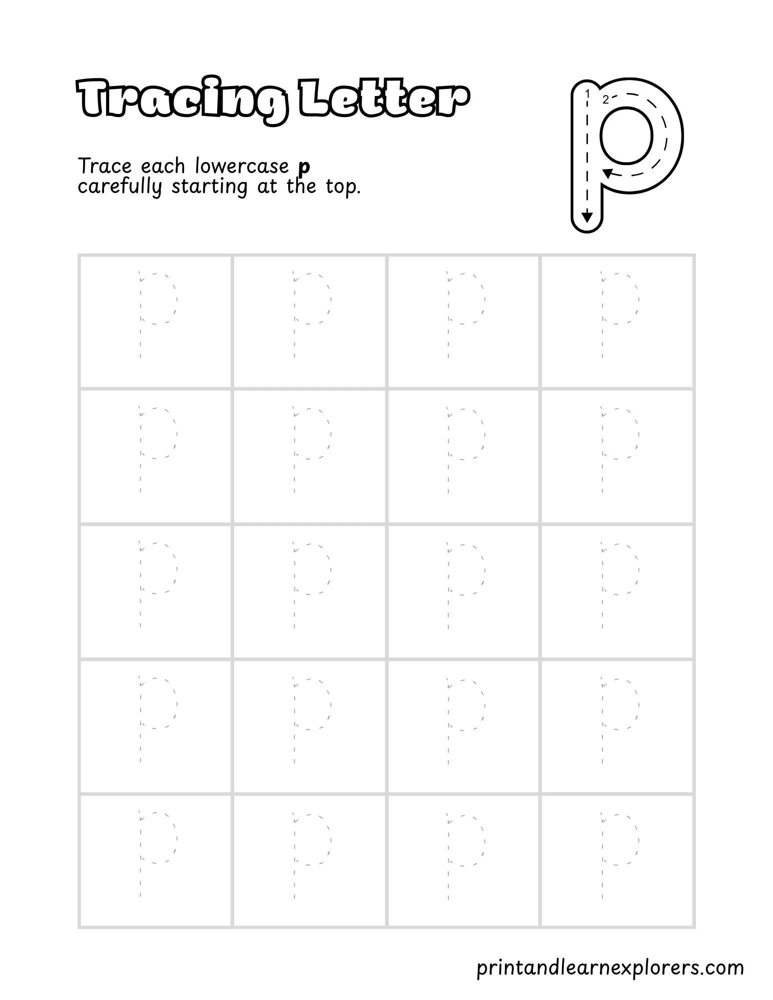 Letter P Lowercase Tracing Worksheet