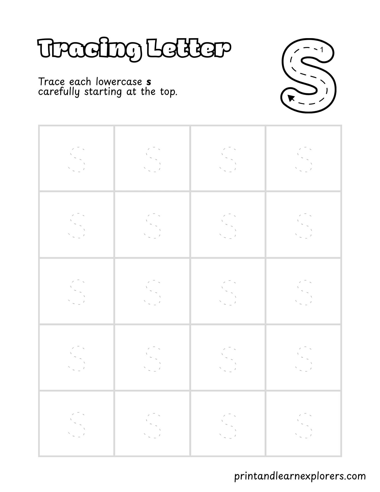 Letter S Lowercase Tracing Worksheet