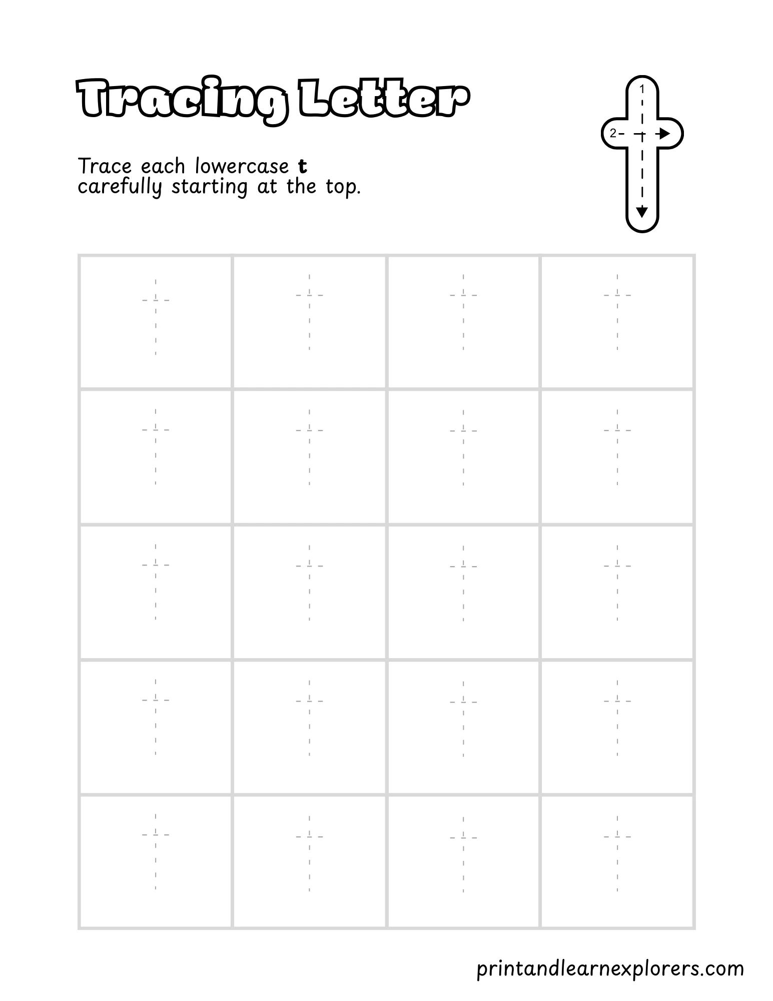 Letter T Lowercase Tracing Worksheet