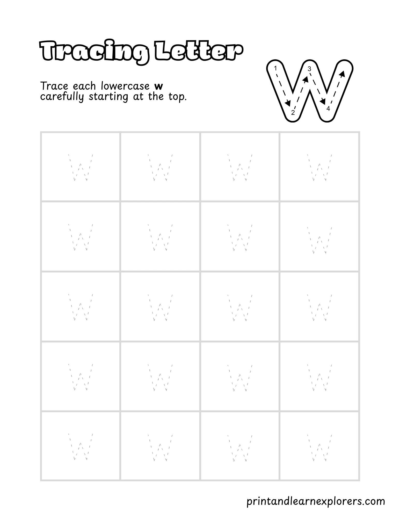 Letter W Lowercase Tracing Worksheet