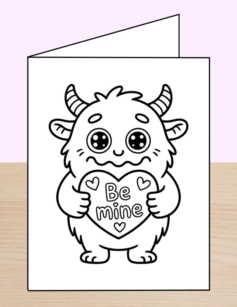 Valentine coloring card Be mine worry monster