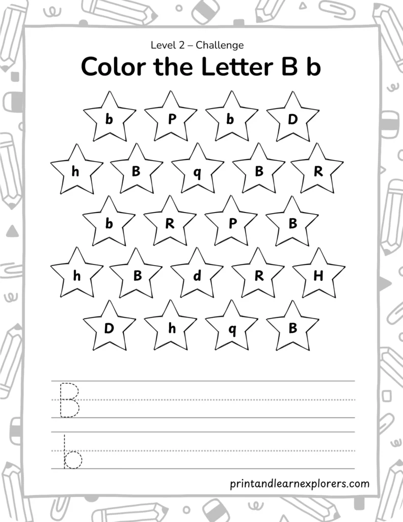 find and color letter B worksheet challenge
