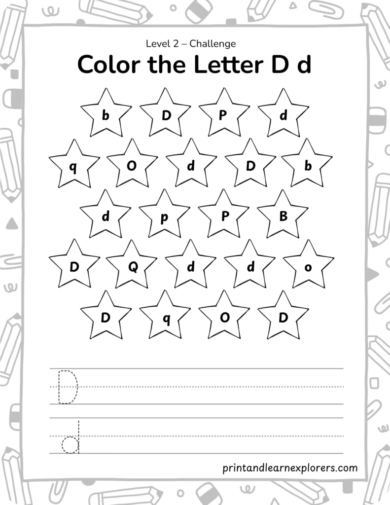 find and color letter D worksheet lvl2