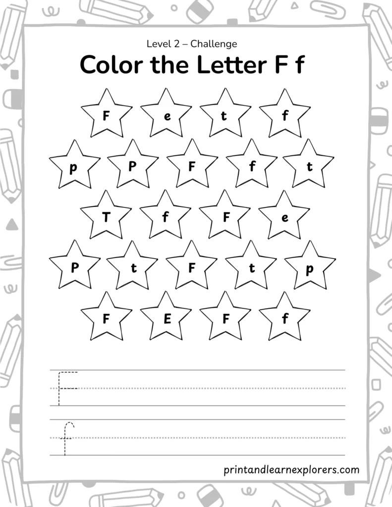 find and color letter F worksheet lvl2