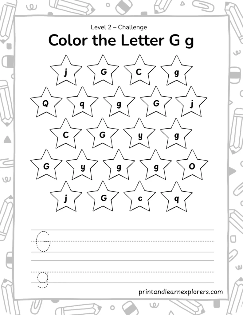 find and color letter G worksheet lvl2
