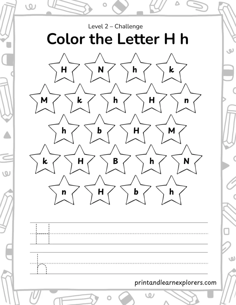 find and color letter H worksheet lvl2