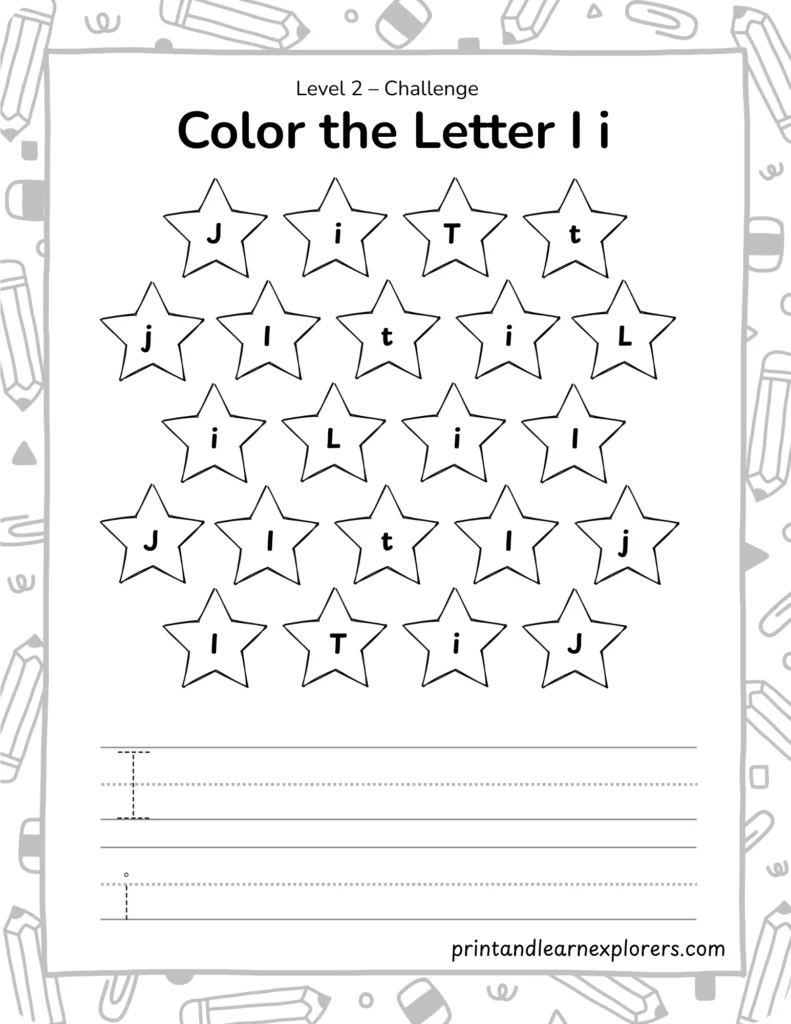 find and color letter I worksheet lvl2