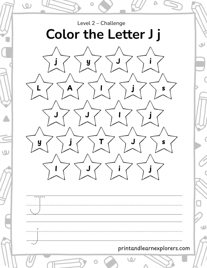 find and color letter J worksheet lvl2