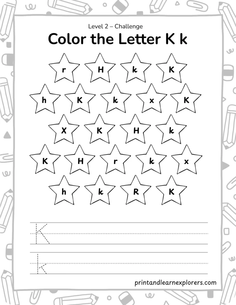 find and color letter K worksheet lvl2