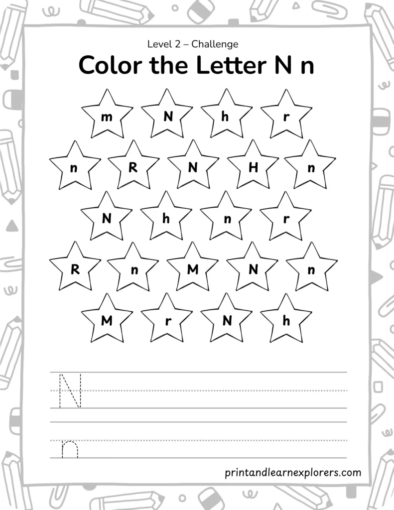 find and color letter N worksheet lvl2