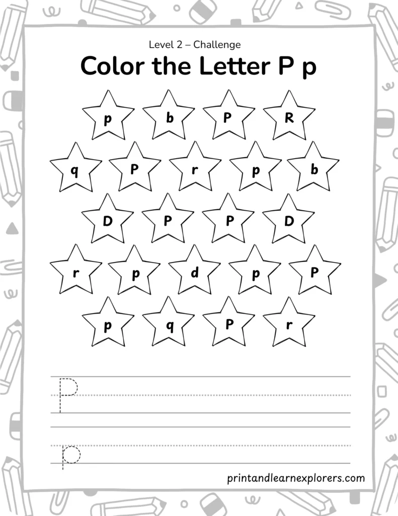 find and color letter P worksheet lvl2