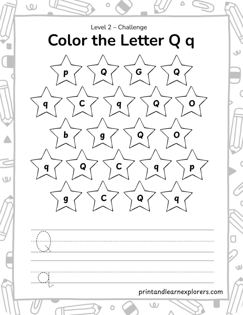 find and color letter Q worksheet lvl2