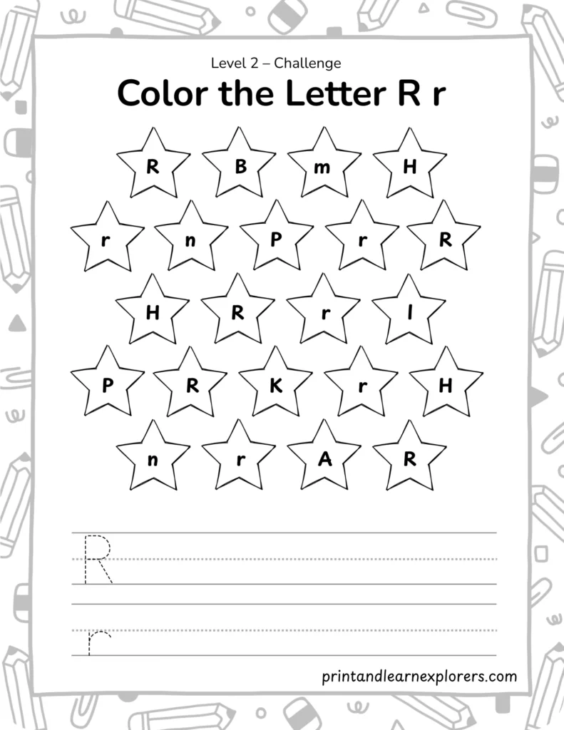 find and color letter R worksheet lvl2