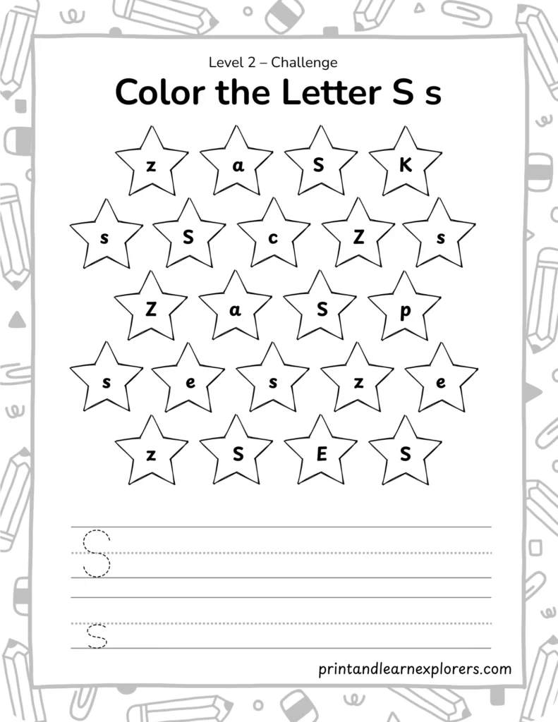 find and color letter S worksheet lvl2