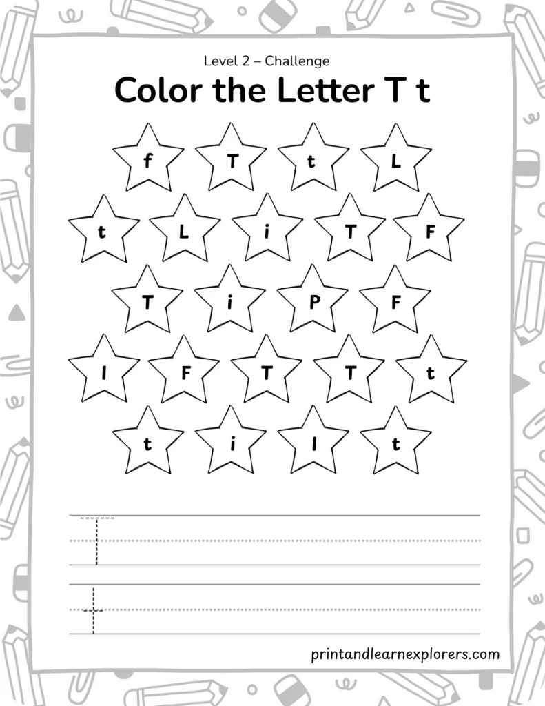 find and color letter T worksheet lvl2