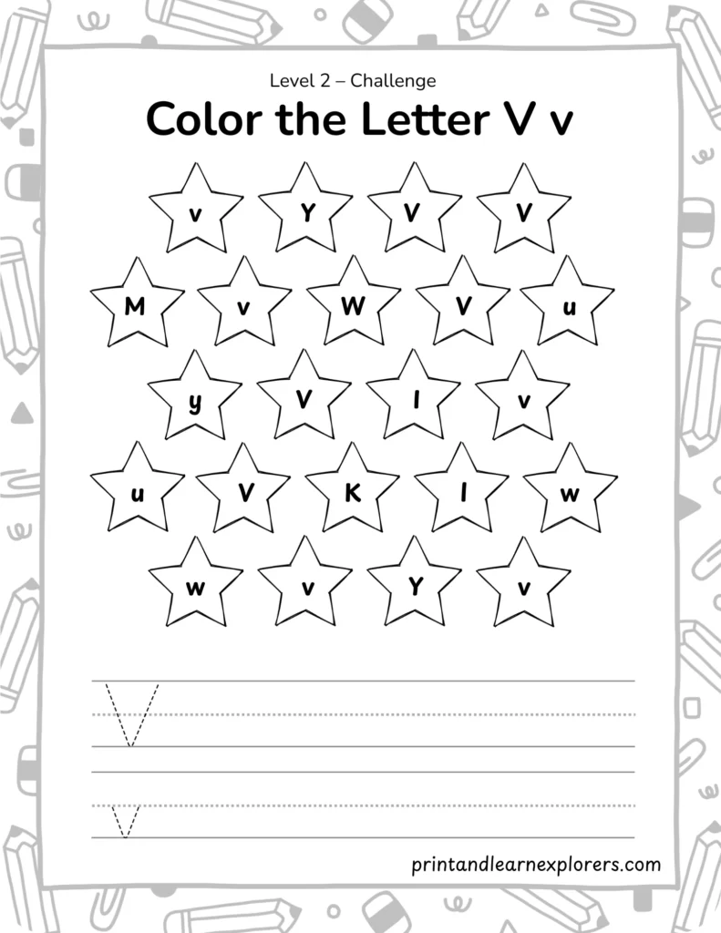 find and color letter V worksheet lvl2