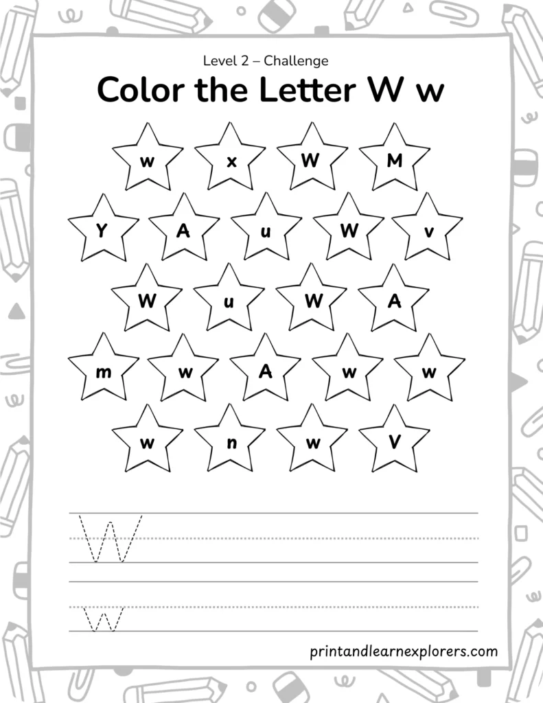 find and color letter W worksheet lvl2