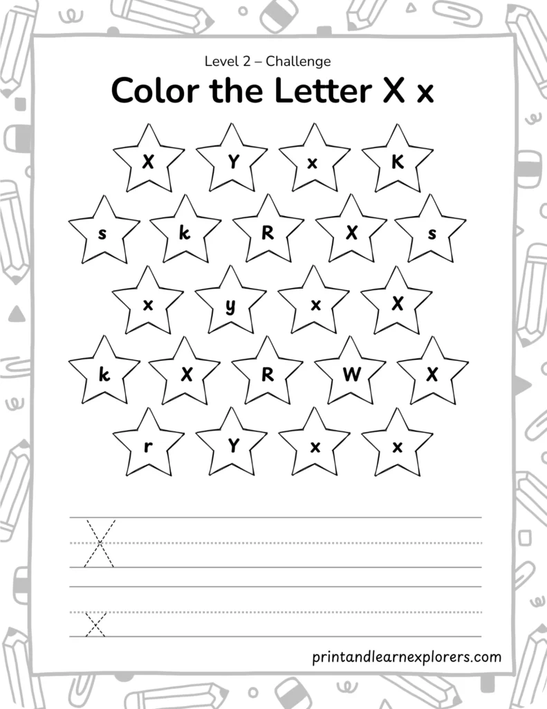 find and color letter X worksheet lvl2