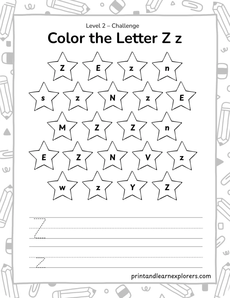 find and color letter Z worksheet lvl2