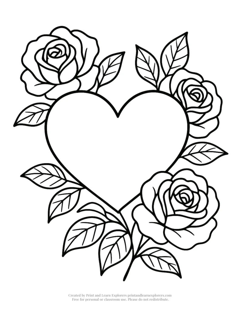 heart and roses coloring page