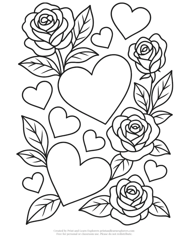 heart and roses coloring page multiple