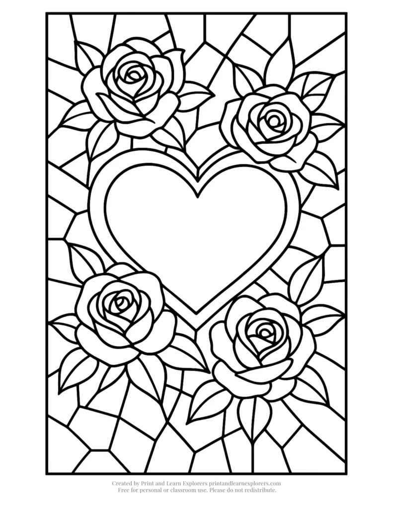 heart and roses coloring page stained glass